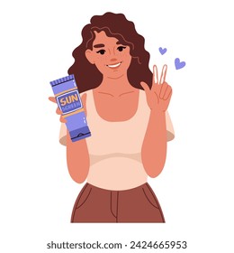 Woman shows necessary amount of sunscreen. Two-finger lengths rule of using sunscreen. Summertime skin care, UV protection for skin concept. Vector flat illustration.