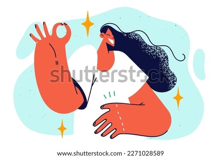 Woman shows OK gesture to report successful completion of job or to agree to proposed initiative. Girl shows ok sign with fingers for concept of confirmation and agreement with plans 