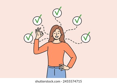 Woman shows ok gesture, reporting achievement of all assigned tasks, standing among checkmarks. Girl filled out questionnaire about quality of services provided is busy completing tasks