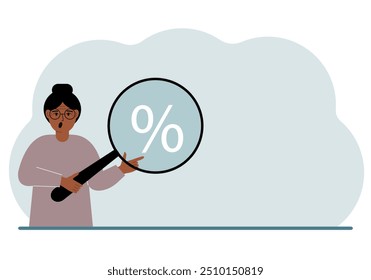A woman shows a percent sign through a magnifying glass. Vector flat illustration