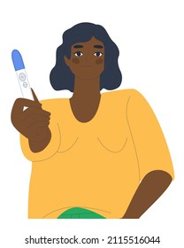 Woman shows a positive pregnancy test. Emotion of sadness. Unplanned pregnancy. Flat vector illustration