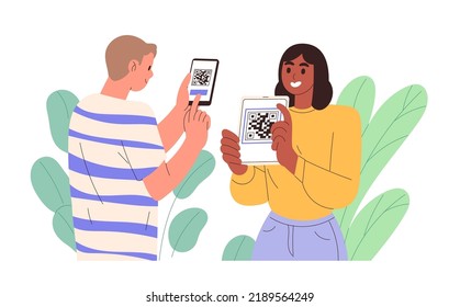 Woman shows QR code, man scans it