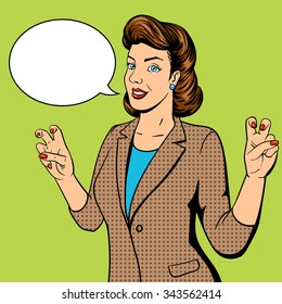 Woman shows quote gesture pop art vector illustration. Retro style. Comic book style imitation