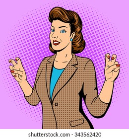 Woman shows quote gesture pop art vector illustration. Retro style. Comic book style imitation