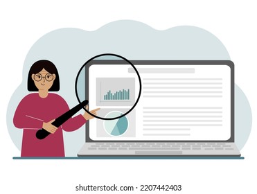 A woman shows a report, a presentation on a laptop with a magnifying glass vector illustration. Financial business analysis, audit, planning concept. Vector flat illustration