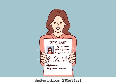 Woman shows resume to find job and smiles, wishing to get vacant position in large corporation. Concept recruiting business or help in writing resume for job seekers looking for job with big salary