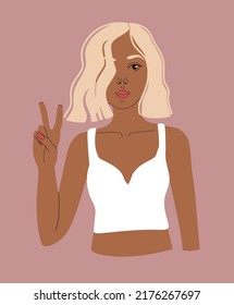 A woman shows a sign of peace. Pretty blonde; white top on a woman; young girl with caret; Fancy Hairstyle; vector illustration. Retro style. Summer fashion. Portrait of a young woman.