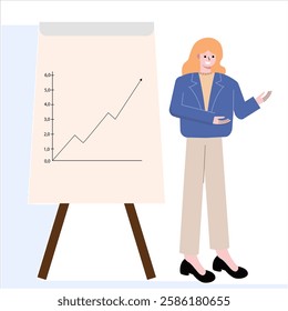 woman shows statistics data that is rising with arrow pointing up. Profit is increasing and sales analysis. Successful sales business concept. Flat design vector illustration