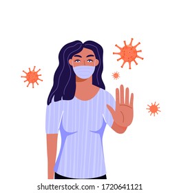 Woman shows stop gesture with her hand. Stop coronavirus and protect yourself concept. Vector illustration.