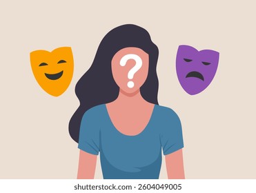 Woman shows two face mask with happy and unhappy mood. Person hiding true emotions, psychological problems. Fake feelings, mental disorder changing personality. Manic depression, bipolar illness