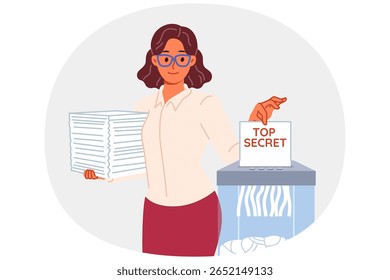 A mulher destrói documentos confidenciais usando triturador para destruir informações confidenciais e confidenciais. Política usa trituradora para ocultar dados que provam crime ou trabalho ineficaz do parlamento