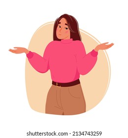 Woman shrugging with a curious expression, doubt or question vector illustration in flat cartoon style. Frustration, doubt and question concept.