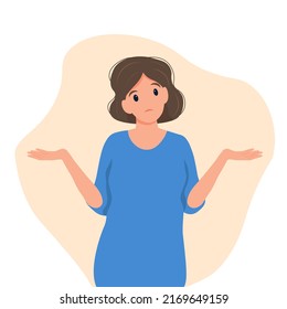 La mujer encogiéndose de hombros con una expresión, duda o pregunta curiosa, ilustración vectorial de estilo plano