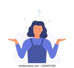 A woman is shrugging with a curious expression. Search solution. Modern hand drawn cartoon vector illustrations.