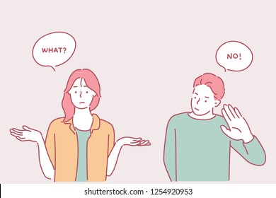 A woman is shrugging her shoulder and making an absurd expression, and a man expresses his intention to refuse by hand. hand drawn style vector design illustrations.