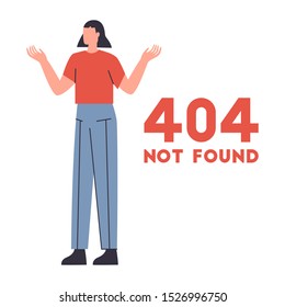 Woman shrugging shoulders near text 404 not found. Web page mistake concept. Flat vector illustration
