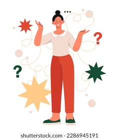 Woman shrugging shoulders. Puzzled young girl spreads her arms out to sides and asks why. Emotions, facial expressions and gestures. Question without answer. Cartoon flat vector illustration