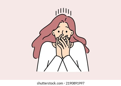 Woman shut mouth frustrated with fear or shock. Stunned female surprised by unbelievable news. Vector illustration. 