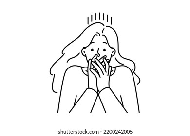 Woman shut mouth frustrated with fear or shock. Stunned female surprised by unbelievable news. Vector illustration. 