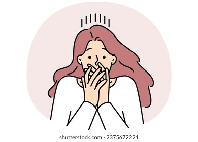 Woman shut mouth frustrated with fear or shock. Stunned female surprised by unbelievable news. Vector illustration.