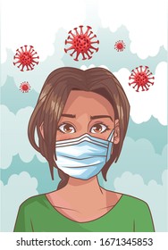 woman sick with corona virus scene vector illustration design