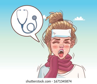 woman sick with corona virus scene vector illustration design