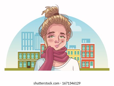 woman sick with corona virus scene vector illustration design