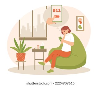 Woman sick at home. Young girl tries to call 911 and holds her head, pain. Character with pills and drugs. Health care and first aid. Poster or banner for website. Cartoon flat vector illustration