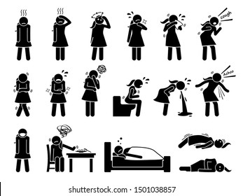 Woman sick, ill, flu, disease, and influenza virus signs and symptoms. Stick figure pictogram icons depict a female having cold, fever, dizzy, sore throat, coughing, shivering, vomiting, and seizure.