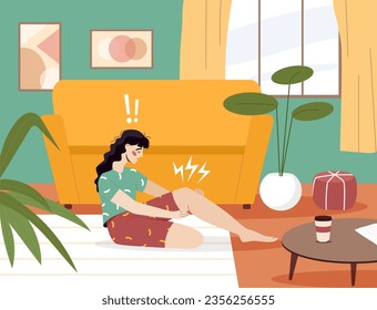 Woman with sick leg concept. Young girl with illness and diseases. Character at home suffer from knee injuring. Problem with muscles and ligaments. Cartoon flat vector illustration