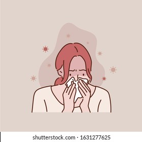 Woman sick and sad with sneezing on nose and cold cough on tissue paper because influenza and weak or virus bacteria. Hand drawn style vector design illustrations.