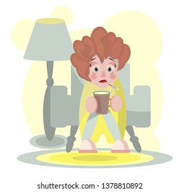 a woman is sick sitting in a rug and in a chair, a runny nose, a mug in her hands, with a background. Thermometer in the mouth