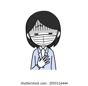 A woman in a sick suit wearing a surgical mask Puts her hand on her chest