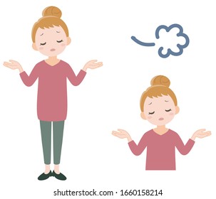 A woman sighs and poses for raising her hand.