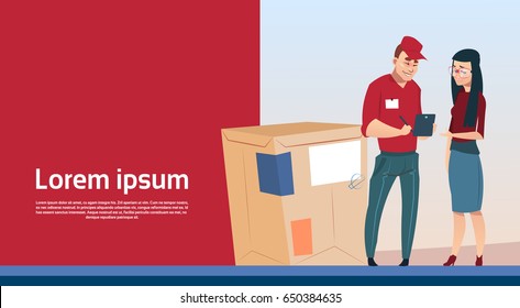 Woman Sign Document Courier Man Box Delivery Package Post Service Banner Copy Space Flat Vector Illustration