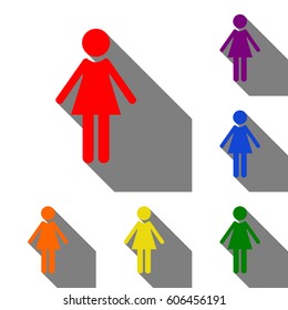 Woman sign illustration. Set of red, orange, yellow, green, blue and violet icons at white background with flat shadow.