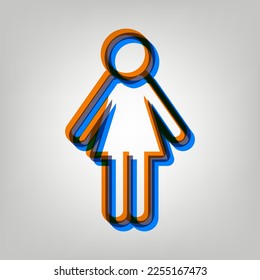 Woman sign illustration. Stroked Icon in orange, azure and old lavender Colors at gray Background. Illustration.