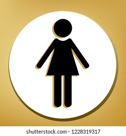 Woman sign illustration. Vector. Black icon with light brown shadow in white circle with shaped ring at golden background.