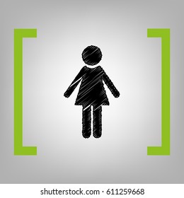 Woman sign illustration. Vector. Black scribble icon in citron brackets on grayish background.
