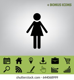 Woman sign illustration. Vector. Black icon at gray background with bonus icons at celery ones