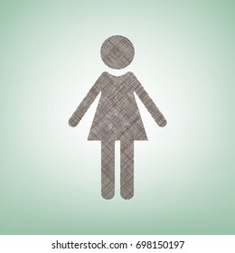 Woman sign illustration. Vector. Brown flax icon on green background with light spot at the center.