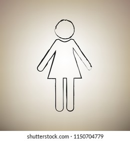 Woman sign illustration. Vector. Brush drawed black icon at light brown background.