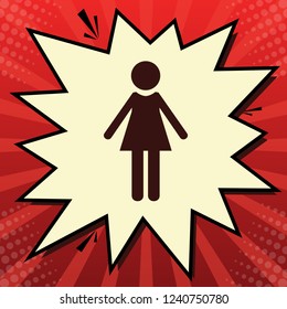 Woman sign illustration. Vector. Dark red icon in lemon chiffon shutter bubble at red popart background with rays.