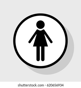 Woman sign illustration. Vector. Flat black icon in white circle with shadow at gray background.