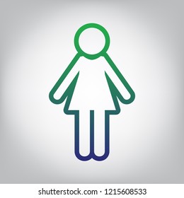Woman sign illustration. Vector. Green to blue gradient contour icon at grayish background with light in center.