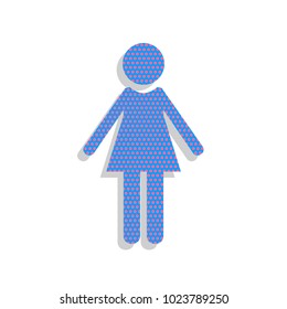 Woman sign illustration. Vector. Neon blue icon with cyclamen polka dots pattern with light gray shadow on white background. Isolated.