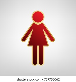 Woman sign illustration. Vector. Red icon on gold sticker at light gray background.