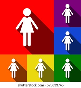 Woman sign illustration. Vector. Set of icons with flat shadows at red, orange, yellow, green, blue and violet background.