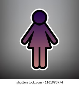 Woman sign illustration. Vector. Violet gradient icon with black and white linear edges at gray background.