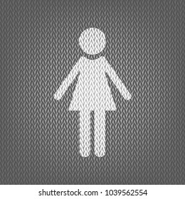 Woman sign illustration. Vector. White knitted icon on gray knitted background. Isolated.